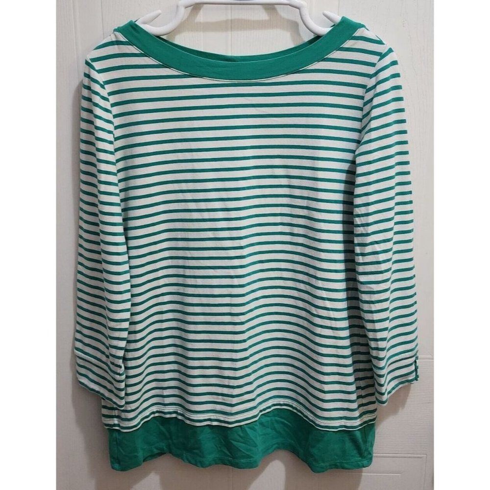 Susan Graver Weekend Women's 3/4 Sleeve Boat Neck Top Green/White Striped Size S
